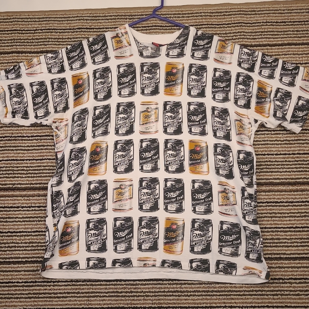 MILLER LITE Beer All Over Print White Black Gold‎ Holoubek XL Mens T Shirt VTG